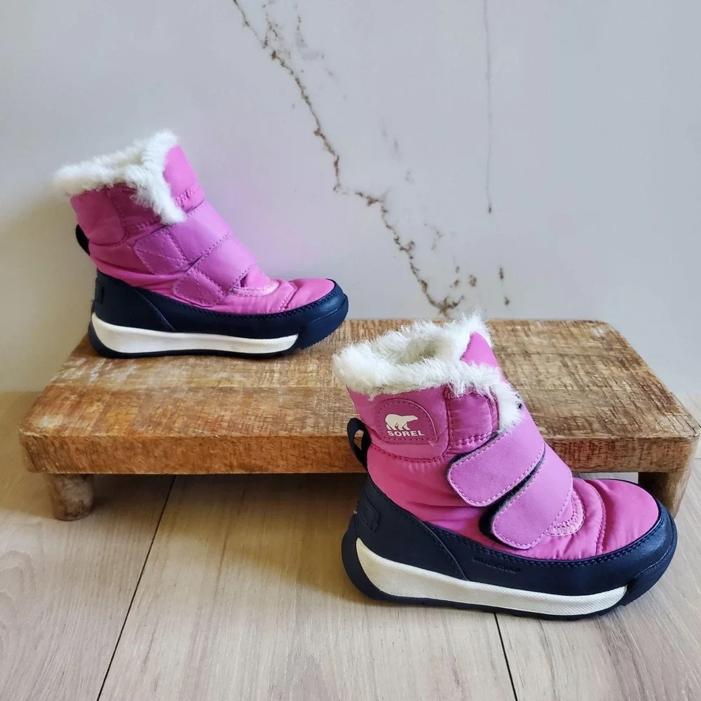 Sorel Boots Kids 9 Pink Hook & Loop Faux Fur Insulated Winter Snow NC3875-547